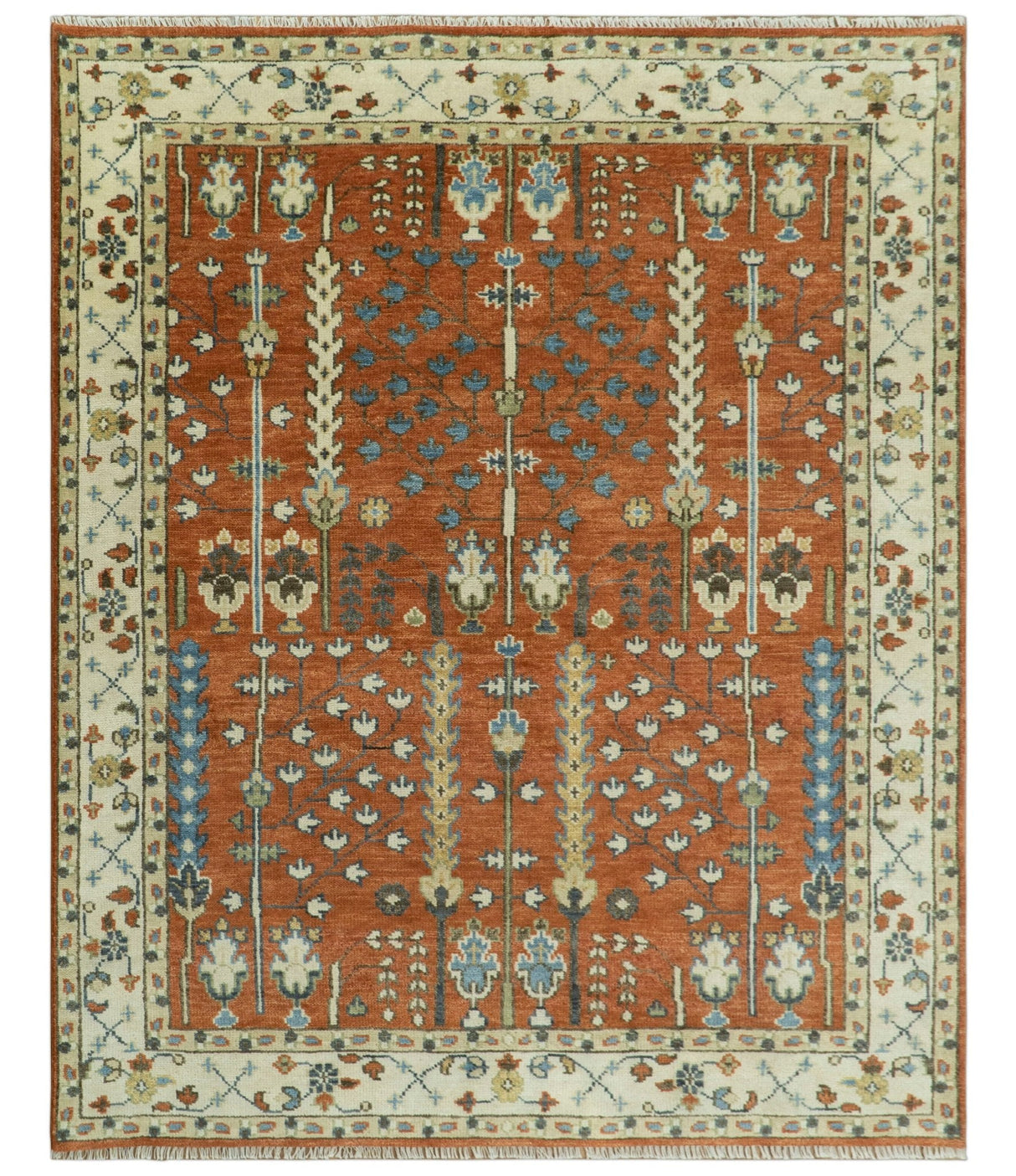 Tree of Life Rust and Ivory Traditional Hand Knotted Turkish Design Wool Area Rug
