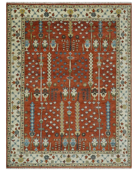 Tree of Life Rust and Ivory Traditional Hand Knotted Turkish Design Wool Area Rug