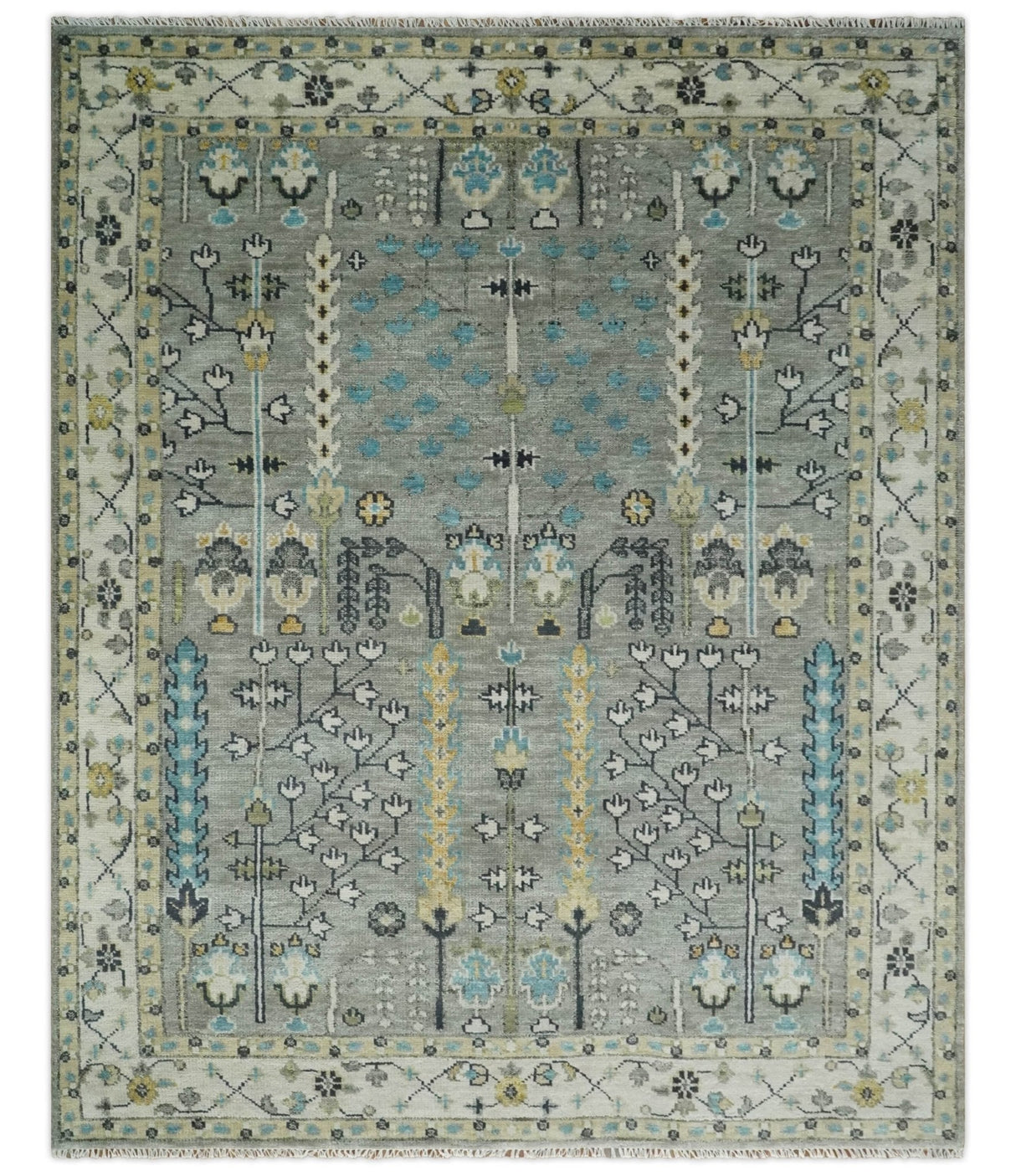 Tree of life Silver and Ivory Hand Knotted Traditional Multi Size Wool Area Rug