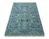 Tree of life Teal And Blue Hand knotted 4x6 Wool Area Rug
