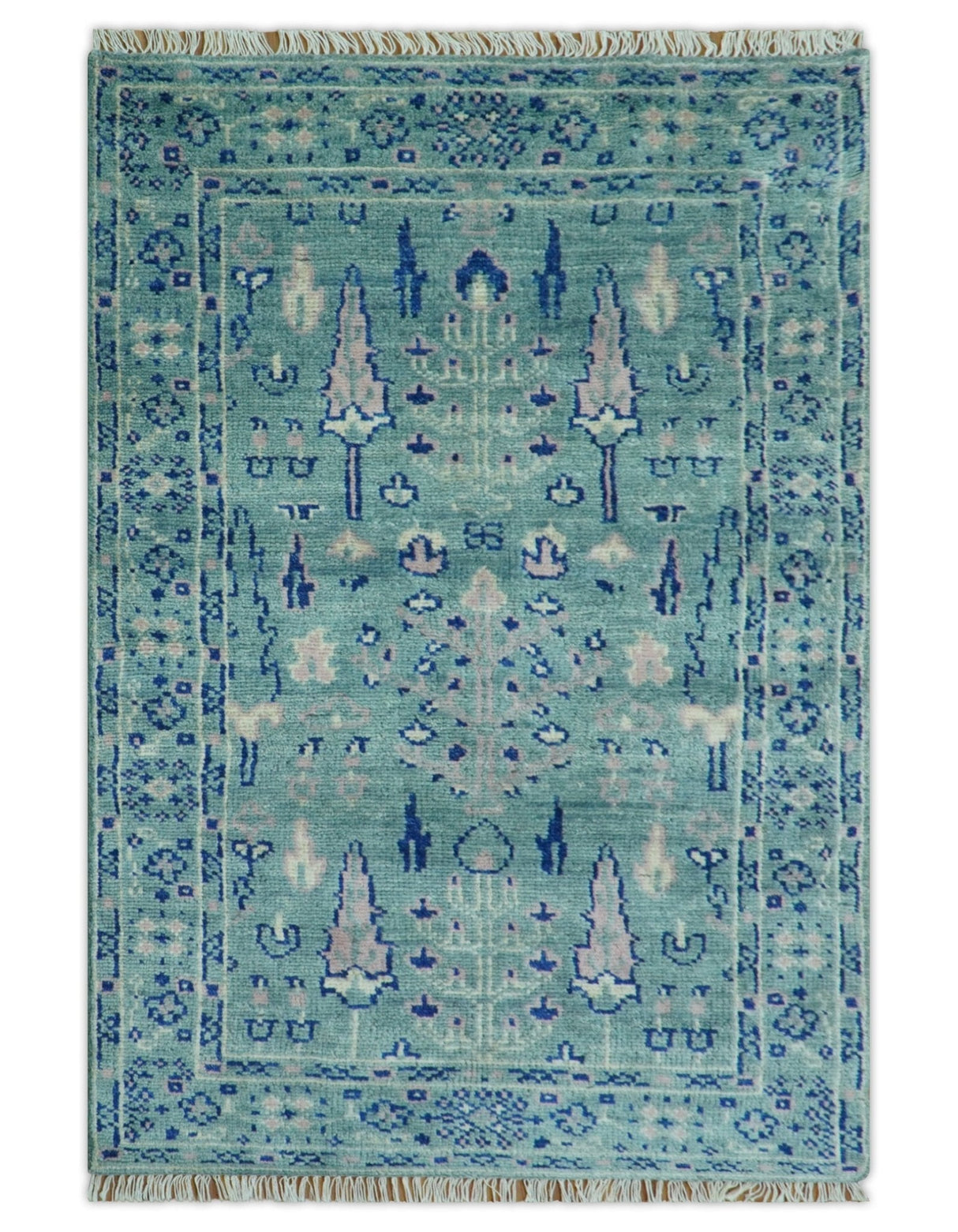 Tree of life Teal And Blue Hand knotted 4x6 Wool Area Rug