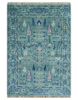 Tree of life Teal And Blue Hand knotted 4x6 Wool Area Rug