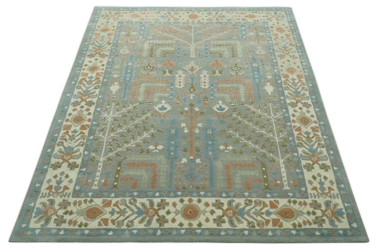 Tree of life Traditional Floral Gray, Beige, Green and Dark Peach Hand Tufted wool Area Rug