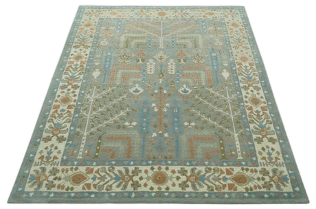 Tree of life Traditional Floral Gray, Beige, Green and Dark Peach Hand Tufted wool Area Rug