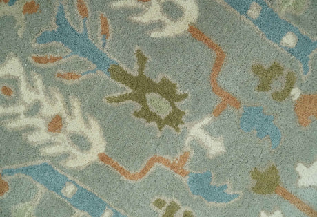 Tree of life Traditional Floral Gray, Beige, Green and Dark Peach Hand Tufted wool Area Rug