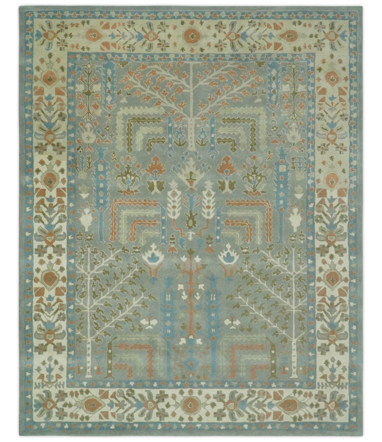 Tree of life Traditional Floral Gray, Beige, Green and Dark Peach Hand Tufted wool Area Rug