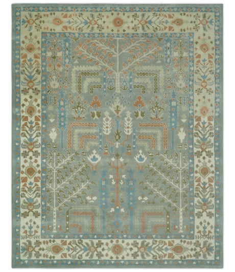 Tree of life Traditional Floral Gray, Beige, Green and Dark Peach Hand Tufted wool Area Rug