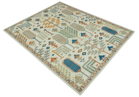 Tree of life Traditional Floral Ivory, Blue and Rust Hand Knotted Multi Size Wool Area Rug