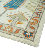 Tree of life Traditional Floral Ivory, Blue and Rust Hand Knotted Multi Size Wool Area Rug