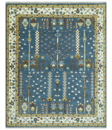 Tree of Life Traditional Hand Knotted Teal Blue and Ivory Custom Made Wool Area Rug