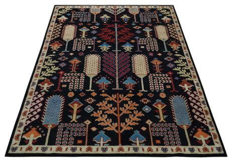 Tree of life Vibrant colorful Black, Beige, Peach and Blue Hand Knotted Traditional Oushak Custom Made wool area Rug