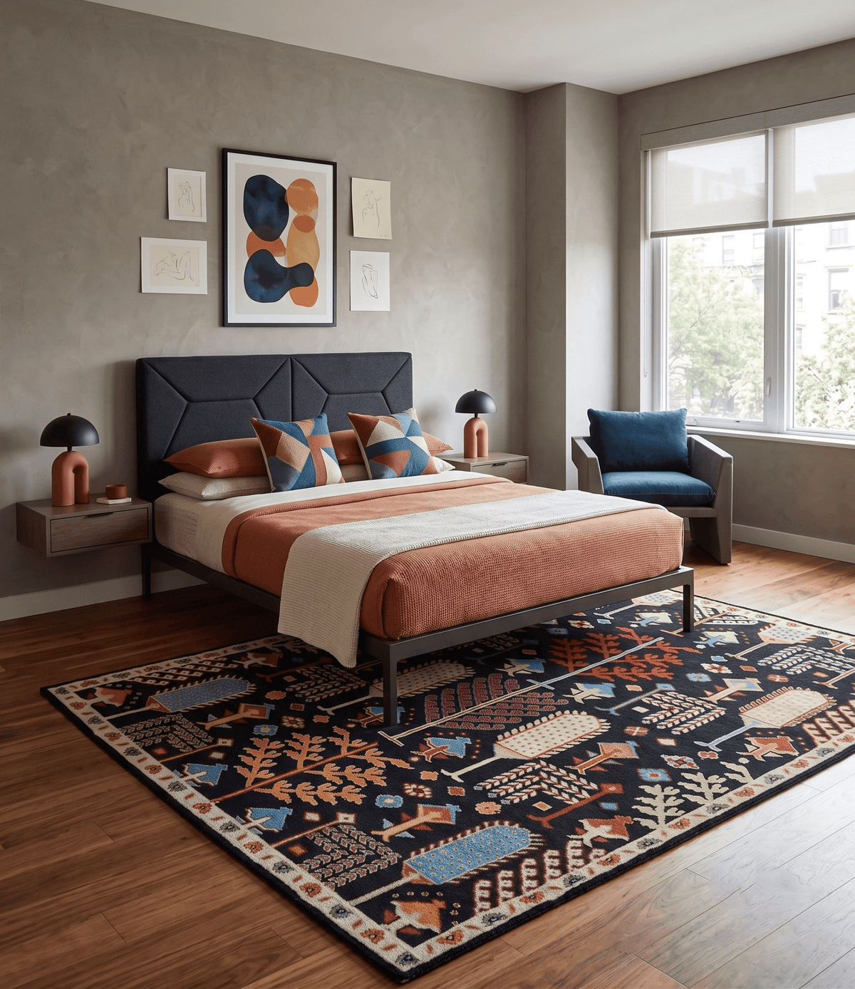 Tree of life Vibrant colorful Black, Beige, Peach and Blue Hand Knotted Traditional Oushak Custom Made wool area Rug