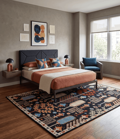 Tree of life Vibrant colorful Black, Beige, Peach and Blue Hand Knotted Traditional Oushak Custom Made wool area Rug