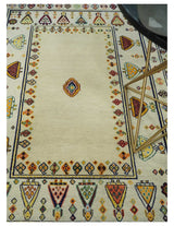 Tribal Art 5x7 Ivory and Beige Hand Spun Wool Hand Woven Southwestern Gabbeh Rug | KNT43