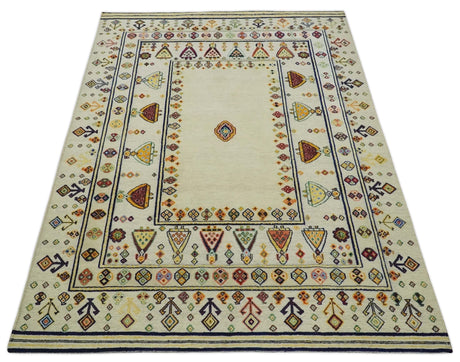 Tribal Art 5x7 Ivory and Beige Hand Spun Wool Hand Woven Southwestern Gabbeh Rug | KNT43