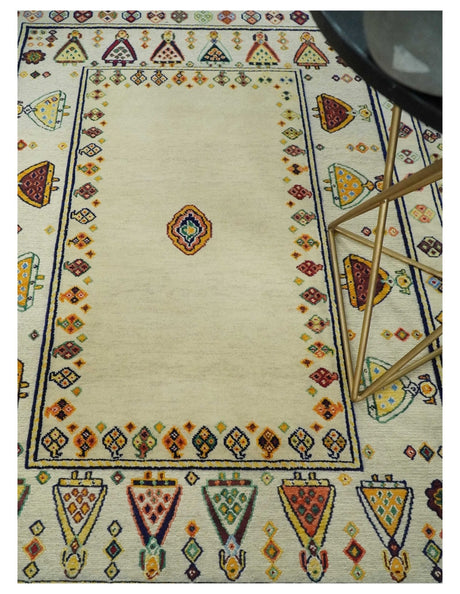 Tribal Art 5x7 Ivory and Beige Hand Spun Wool Hand Woven Southwestern Gabbeh Rug | KNT43-Area Rug-Parc Decor