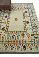 Tribal Art 5x7 Ivory and Beige Hand Spun Wool Hand Woven Southwestern Gabbeh Rug | KNT43-Area Rug-Parc Decor