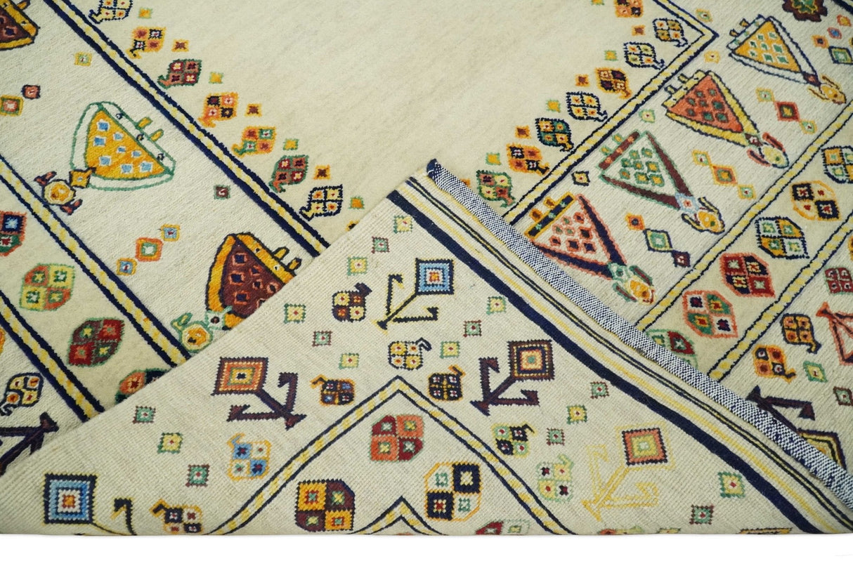 Tribal Art 5x7 Ivory and Beige Hand Spun Wool Hand Woven Southwestern Gabbeh Rug | KNT43-Area Rug-Parc Decor