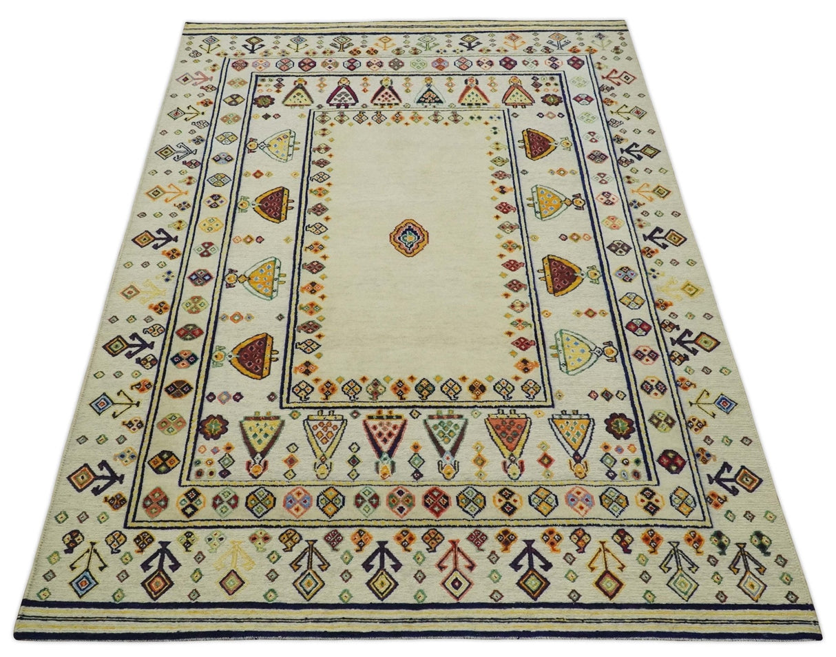 Tribal Art 5x7 Ivory and Beige Hand Spun Wool Hand Woven Southwestern Gabbeh Rug | KNT43-Area Rug-Parc Decor
