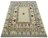 Tribal Art 5x7 Ivory and Beige Hand Spun Wool Hand Woven Southwestern Gabbeh Rug | KNT43-Area Rug-Parc Decor