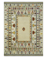 Tribal Art 5x7 Ivory and Beige Hand Spun Wool Hand Woven Southwestern Gabbeh Rug | KNT43-Area Rug-Parc Decor