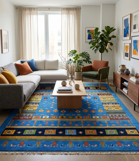 Tribal Gabbeh Blue, Black, Green and Rust Hand knotted Antique Look Traditional Wool Area Rug