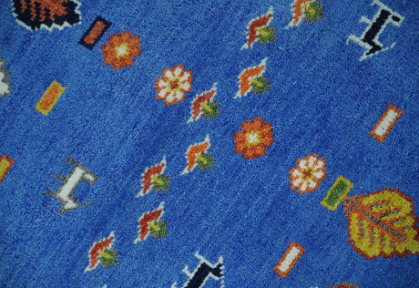 Tribal Gabbeh Blue, Black, Green and Rust Hand knotted Antique Look Traditional Wool Area Rug