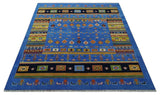 Tribal Gabbeh Blue, Black, Green and Rust Hand knotted Antique Look Traditional Wool Area Rug