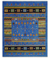 Tribal Gabbeh Blue, Black, Green and Rust Hand knotted Antique Look Traditional Wool Area Rug