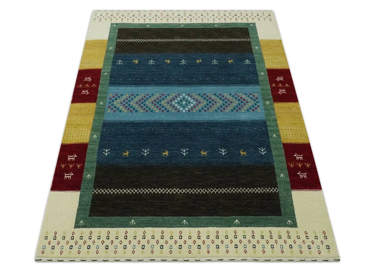 Tribal Gabbeh Blue, Gold, Maroon and Ivory Stripes design Traditional Wool Area Rug