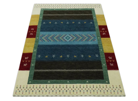 Tribal Gabbeh Blue, Gold, Maroon and Ivory Stripes design Traditional Wool Area Rug