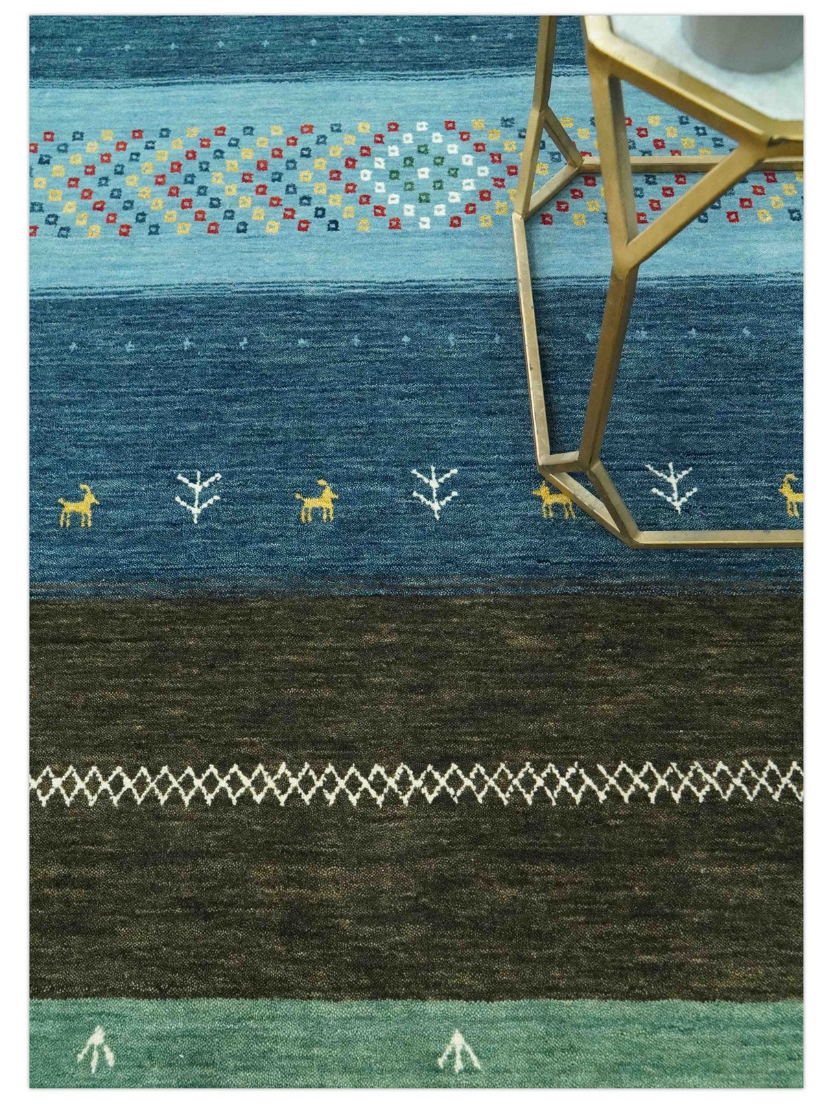 Tribal Gabbeh Blue, Gold, Maroon and Ivory Stripes design Traditional Wool Area Rug
