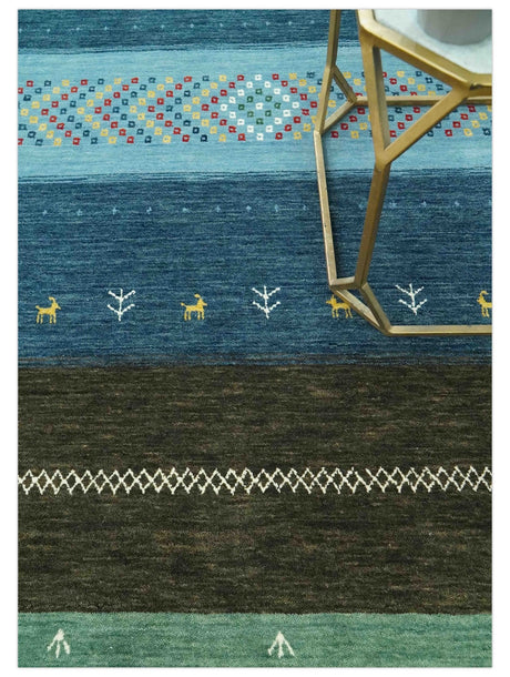 Tribal Gabbeh Blue, Gold, Maroon and Ivory Stripes design Traditional Wool Area Rug