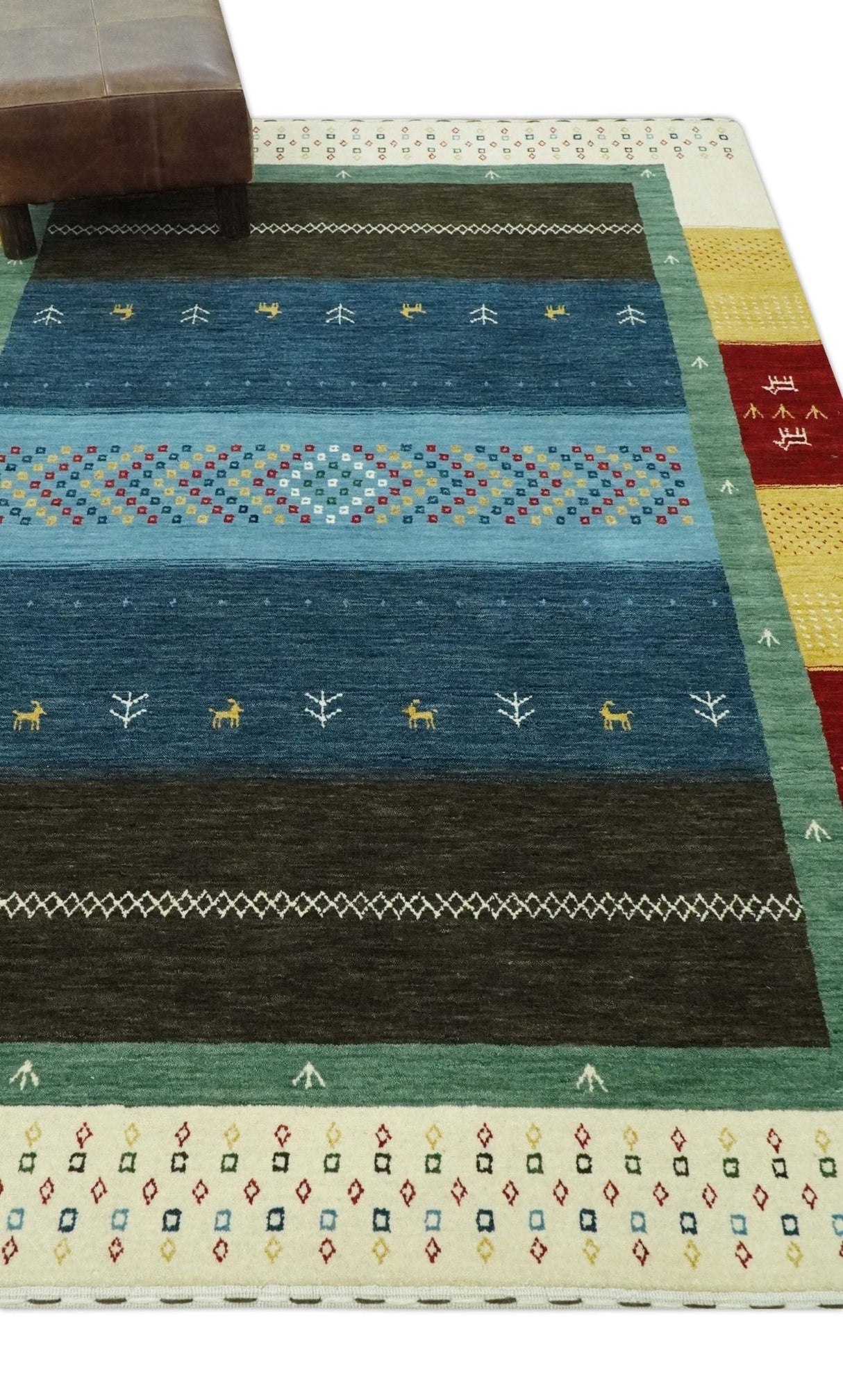 Tribal Gabbeh Blue, Gold, Maroon and Ivory Stripes design Traditional Wool Area Rug