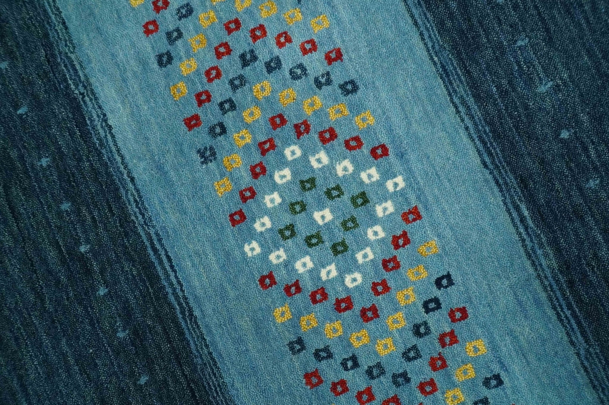 Tribal Gabbeh Blue, Gold, Maroon and Ivory Stripes design Traditional Wool Area Rug