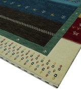 Tribal Gabbeh Blue, Gold, Maroon and Ivory Stripes design Traditional Wool Area Rug