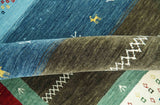 Tribal Gabbeh Blue, Gold, Maroon and Ivory Stripes design Traditional Wool Area Rug