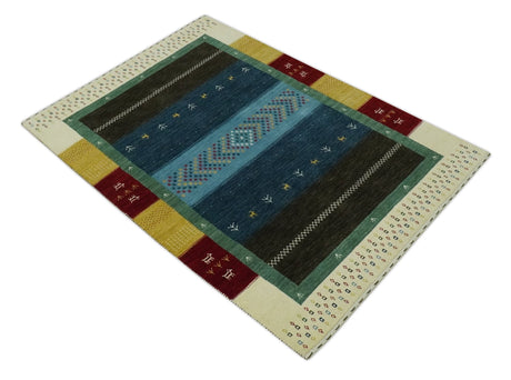 Tribal Gabbeh Blue, Gold, Maroon and Ivory Stripes design Traditional Wool Area Rug