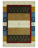 Tribal Gabbeh Gold, Ivory, Blue and Charcoal Stripes design Custom Made Wool Rug