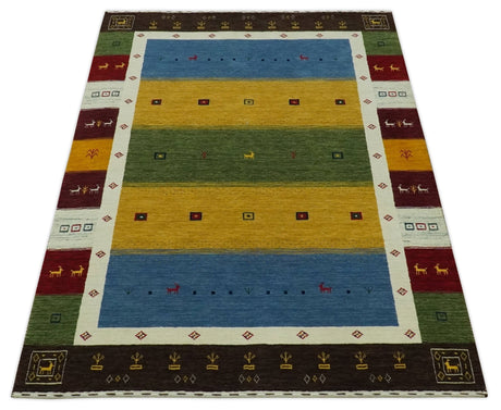 Tribal Gabbeh Green, Gold, Blue, Maroon and Ivory Stripes Design Traditional Hand loom 4.6x6.6 Wool Area Rug