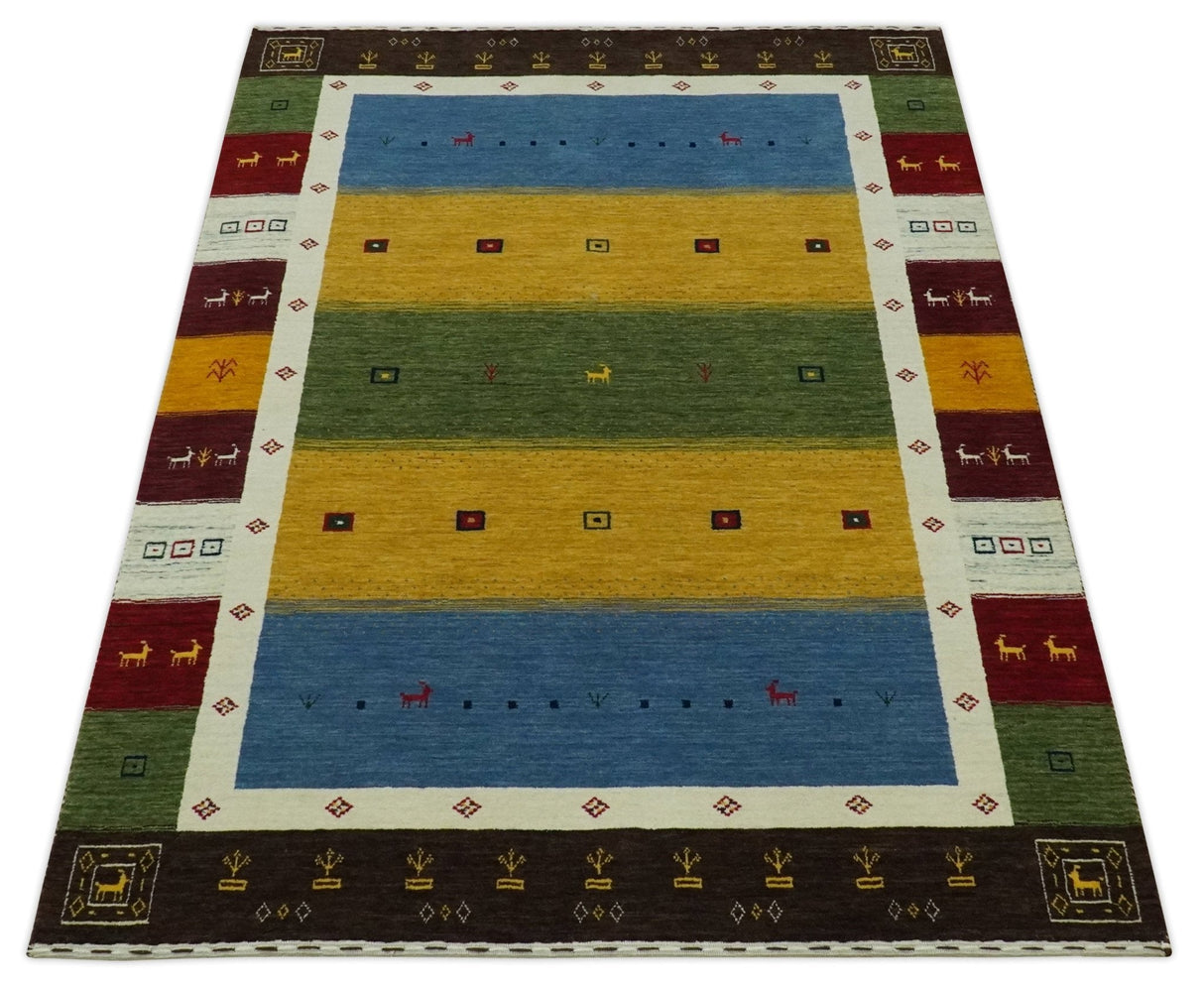 Tribal Gabbeh Green, Gold, Blue, Maroon and Ivory Stripes design Traditional Wool Area Rug