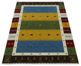 Tribal Gabbeh Green, Gold, Blue, Maroon and Ivory Stripes design Traditional Wool Area Rug