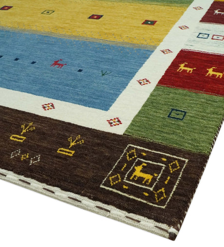 Tribal Gabbeh Green, Gold, Blue, Maroon and Ivory Stripes design Traditional Wool Area Rug