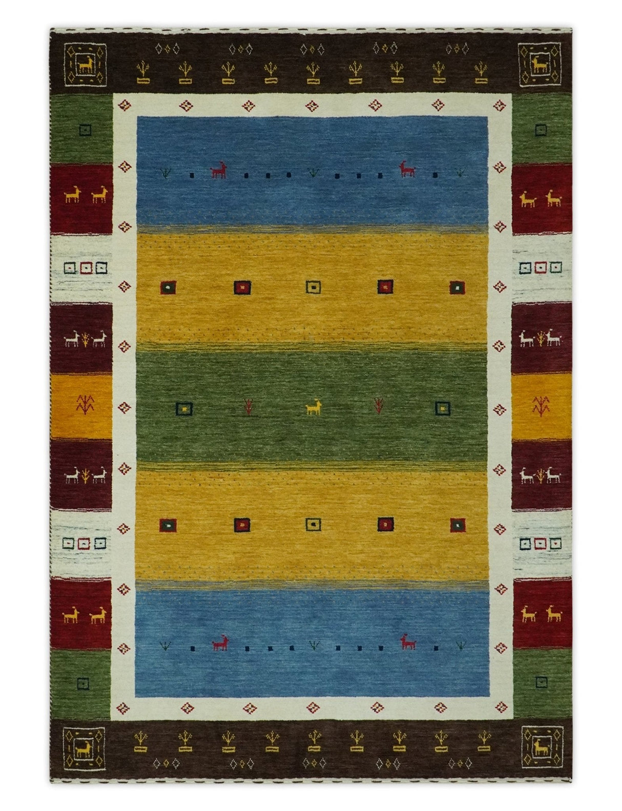 Tribal Gabbeh Green, Gold, Blue, Maroon and Ivory Stripes design Traditional Wool Area Rug