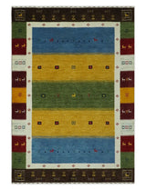 Tribal Gabbeh Green, Gold, Blue, Maroon and Ivory Stripes design Traditional Wool Area Rug