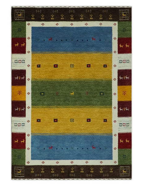 Tribal Gabbeh Green, Gold, Blue, Maroon and Ivory Stripes design Traditional Wool Area Rug