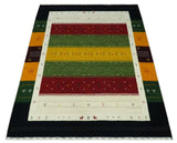 Tribal Gabbeh Green, Gold, Ivory, Maroon and Black Stripes design Traditional Hand loom Wool Area Rug