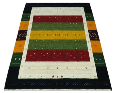 Tribal Gabbeh Green, Gold, Ivory, Maroon and Black Stripes design Traditional Hand loom Wool Area Rug