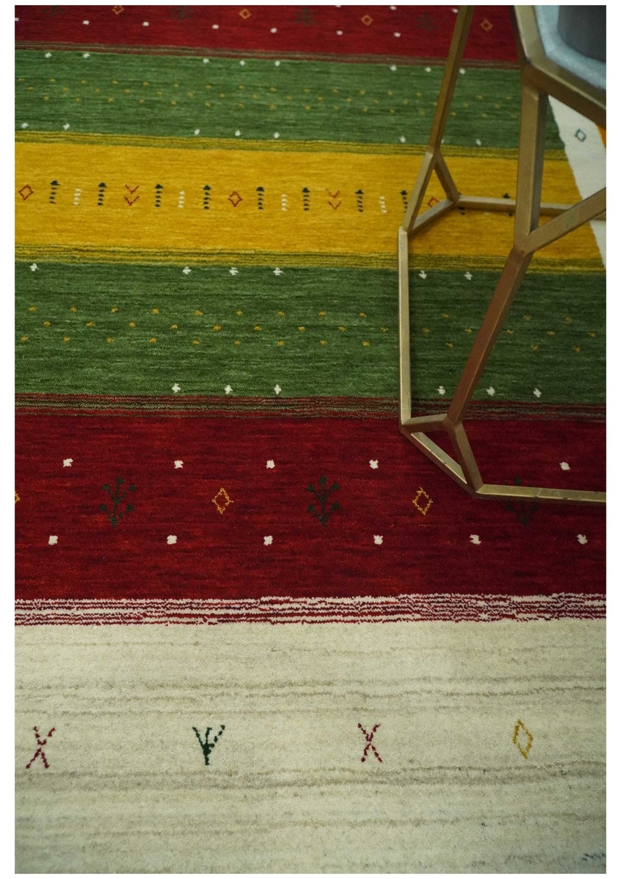 Tribal Gabbeh Green, Gold, Ivory, Maroon and Black Stripes design Traditional Hand loom Wool Area Rug