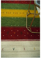 Tribal Gabbeh Green, Gold, Ivory, Maroon and Black Stripes design Traditional Hand loom Wool Area Rug